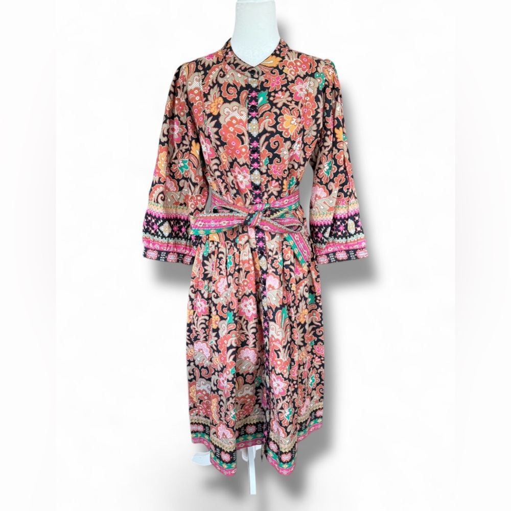 Love the Label Lulu Belted Cotton Midi‎ Boho Dress Casablanca Black Print Sz Lg